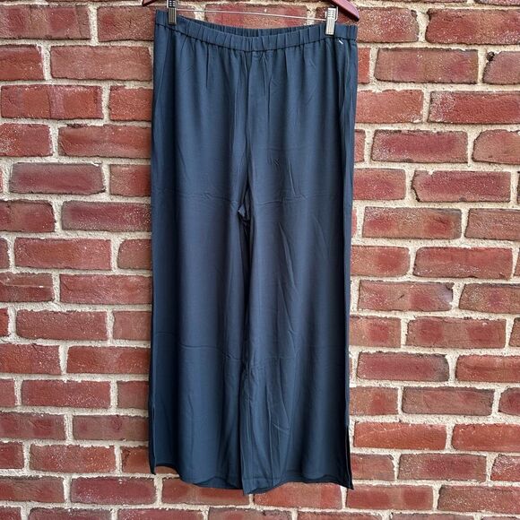 Eileen Fisher $278 crepe wide leg pants side slits tencel lyocell viscose Large